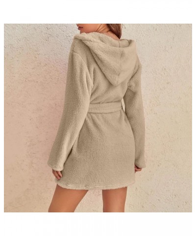 Coral Fleece Bathrobe for Womens Mid-Length Ultra Soft Cozy Nightgown Sleepwear Ladies Loungewear with Hood and Belt Ao-khaki...