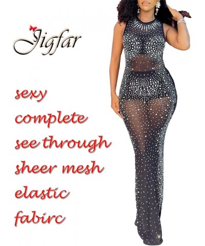 Women's Sexy Elegant Rhinestone Party Club Outfit Mesh See Through Bodycon Maxi Dress Black 2727 $30.77 Dresses