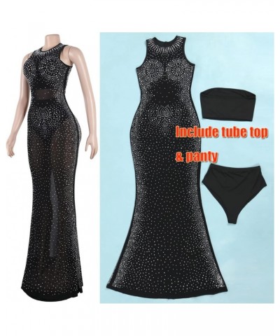 Women's Sexy Elegant Rhinestone Party Club Outfit Mesh See Through Bodycon Maxi Dress Black 2727 $30.77 Dresses