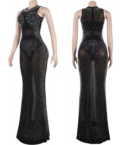 Women's Sexy Elegant Rhinestone Party Club Outfit Mesh See Through Bodycon Maxi Dress Black 2727 $30.77 Dresses