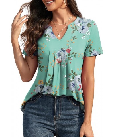 Women's Pleated Tunic Tops Henley Shirt V Neck Casual Loose Short Sleeve Flower Blouse Shirt Tops Mint Green $11.25 Tops