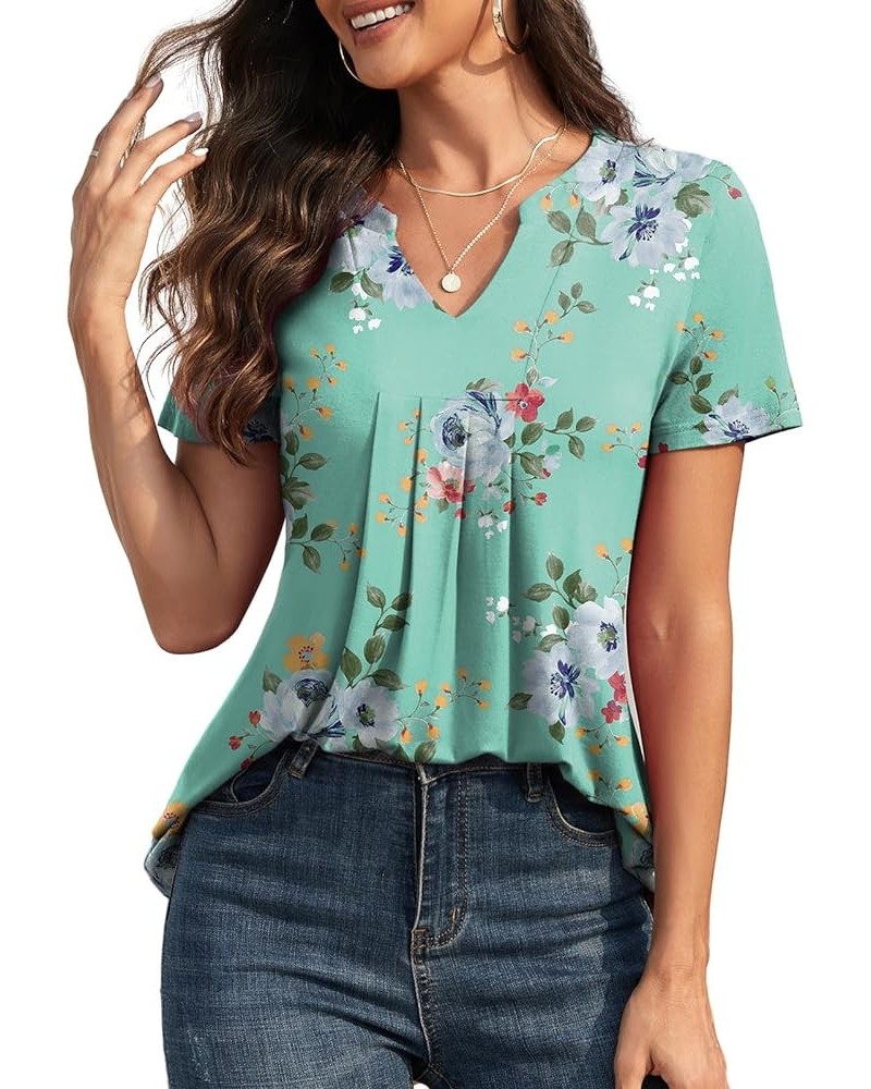 Women's Pleated Tunic Tops Henley Shirt V Neck Casual Loose Short Sleeve Flower Blouse Shirt Tops Mint Green $11.25 Tops