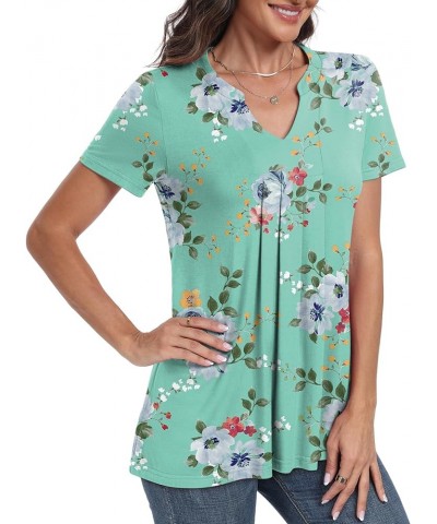 Women's Pleated Tunic Tops Henley Shirt V Neck Casual Loose Short Sleeve Flower Blouse Shirt Tops Mint Green $11.25 Tops