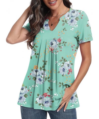 Women's Pleated Tunic Tops Henley Shirt V Neck Casual Loose Short Sleeve Flower Blouse Shirt Tops Mint Green $11.25 Tops