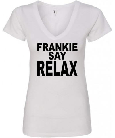 Manateez Women's Frankie Say Relax V-Neck Tee Shirt White $13.10 Tops