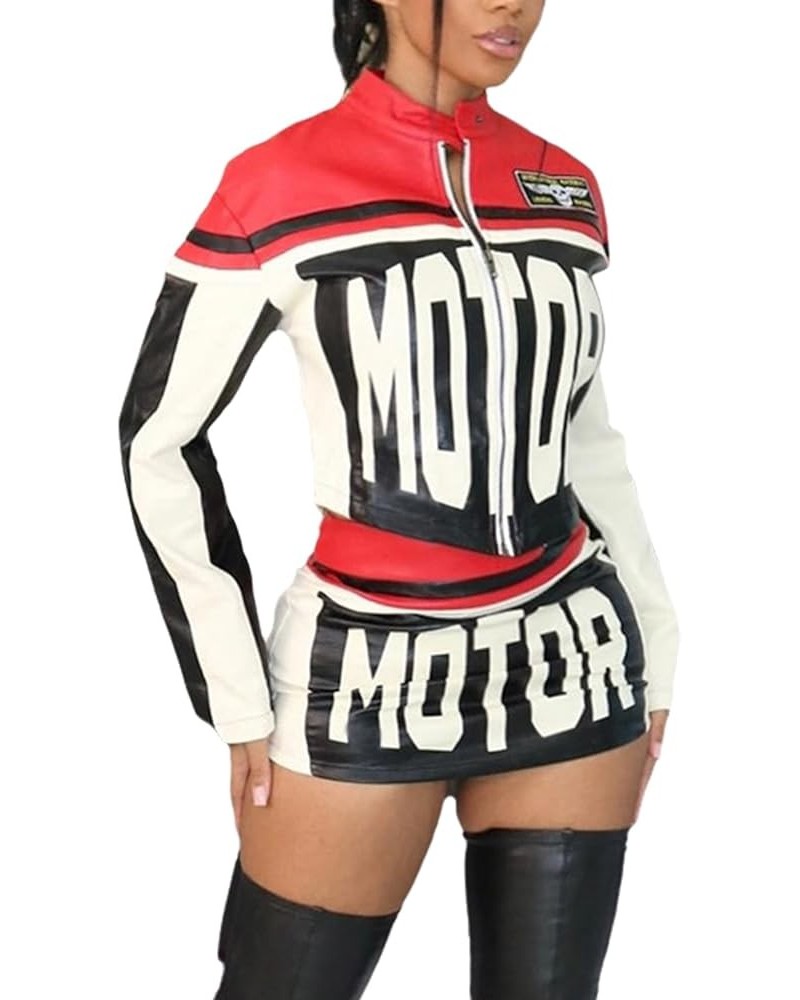 2 Piece Outfits for Women Racing Zipper Jacket with Mini Skirt Cute Women Sets Red $22.05 Suits