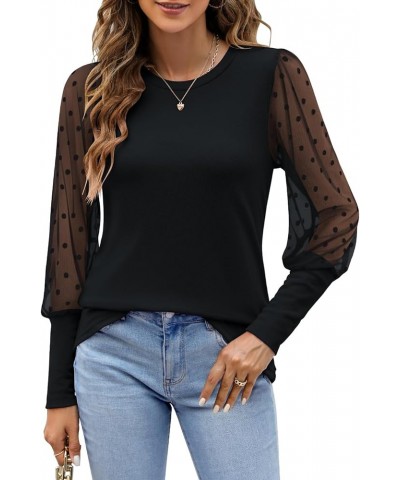 Womens Mesh Long Sleeve Shirts Casual Crew Neck Lace Polka Dot Blouses Puff Balloon Sleeve Tops Black $17.76 Blouses