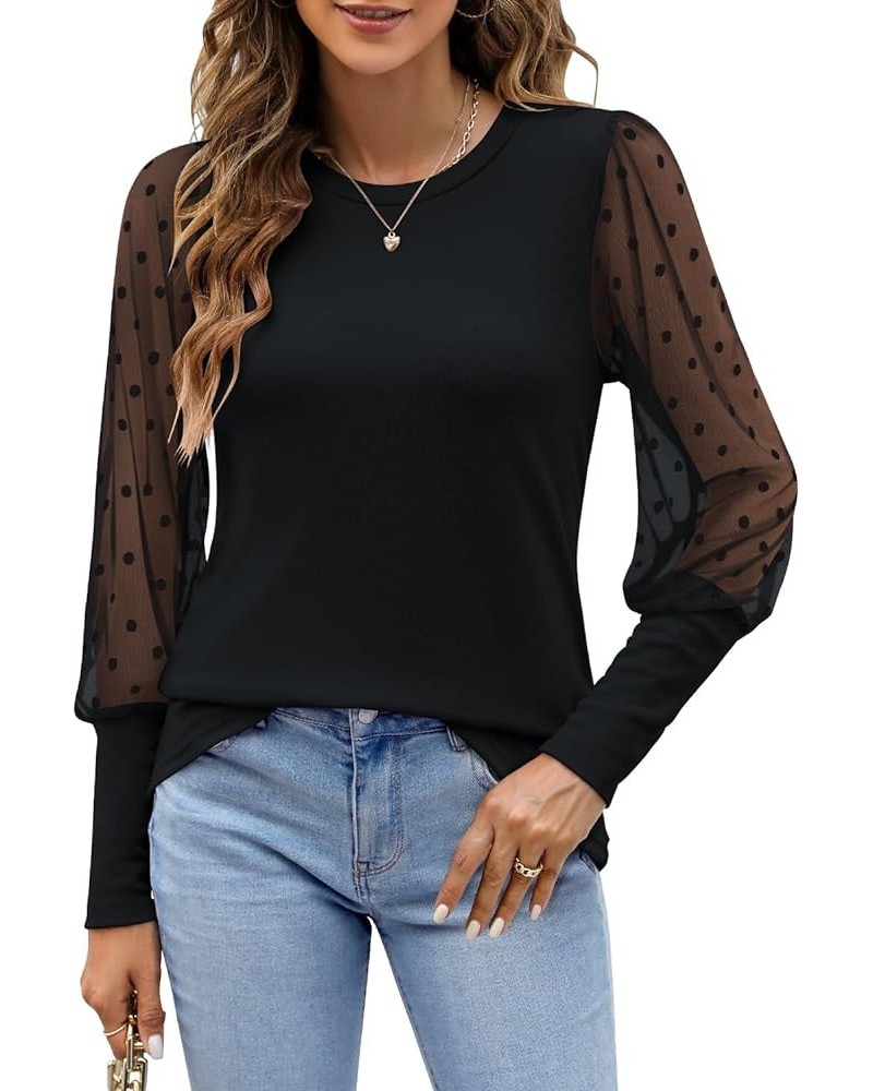 Womens Mesh Long Sleeve Shirts Casual Crew Neck Lace Polka Dot Blouses Puff Balloon Sleeve Tops Black $17.76 Blouses