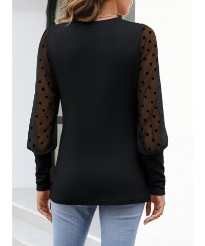 Womens Mesh Long Sleeve Shirts Casual Crew Neck Lace Polka Dot Blouses Puff Balloon Sleeve Tops Black $17.76 Blouses