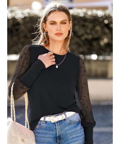 Womens Mesh Long Sleeve Shirts Casual Crew Neck Lace Polka Dot Blouses Puff Balloon Sleeve Tops Black $17.76 Blouses