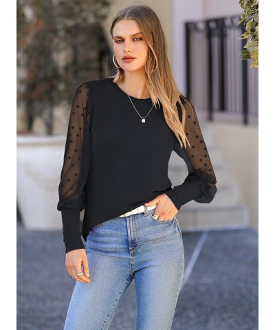 Womens Mesh Long Sleeve Shirts Casual Crew Neck Lace Polka Dot Blouses Puff Balloon Sleeve Tops Black $17.76 Blouses