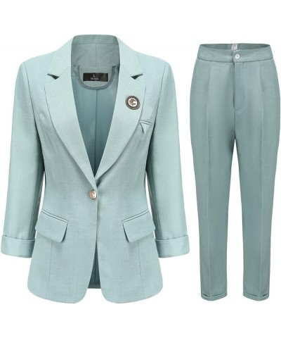 Women's Business Office 2 Piece One Button Blazer Pant Suit Set for Work Blue $29.28 Suits