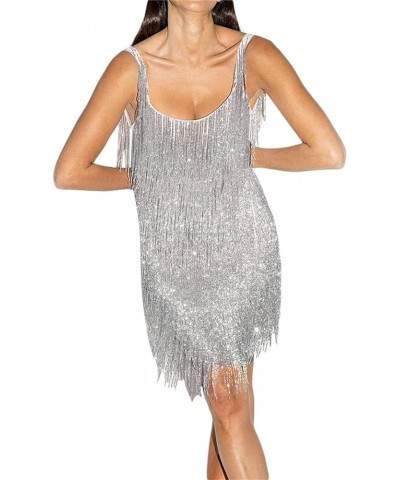 Women Sexy Fringe Mini Dress Sleeveless Tassel Dress Summer Sexy Concert Party Club Night Shiny Dress Silver $13.22 Dresses