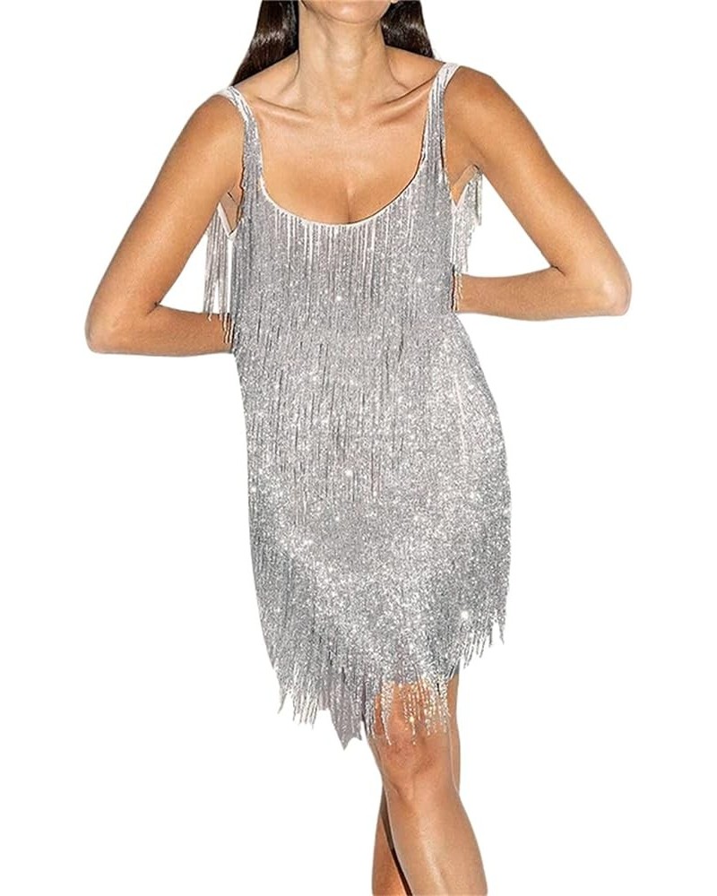 Women Sexy Fringe Mini Dress Sleeveless Tassel Dress Summer Sexy Concert Party Club Night Shiny Dress Silver $13.22 Dresses