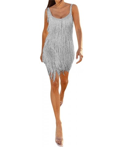 Women Sexy Fringe Mini Dress Sleeveless Tassel Dress Summer Sexy Concert Party Club Night Shiny Dress Silver $13.22 Dresses