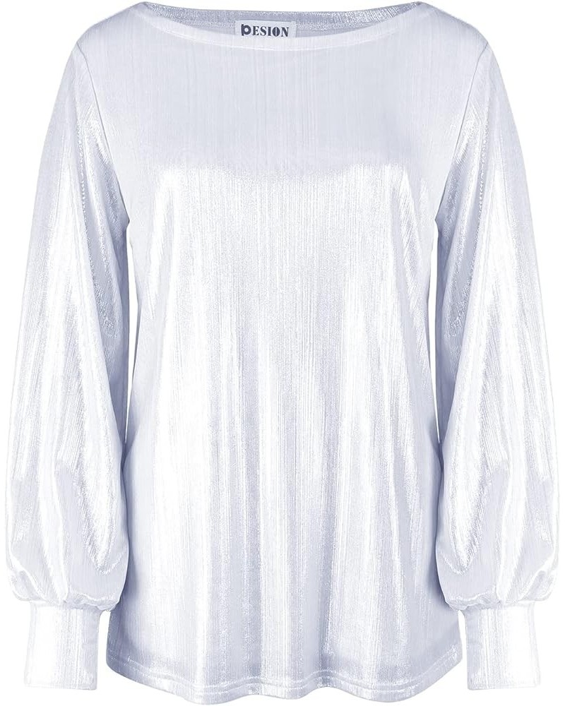 Womens Casual Bishop Sleeve Blouse Boat Neck T-Shirts Tunic Tops Metallic Silver $10.75 Tops