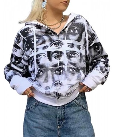 Women Vintage Zip Up Hoodie Rhinestone Graphic Sweatshirt Hoodies Y2k Aesthetic Long Sleeve Jacket with Pockets White Eyes $1...