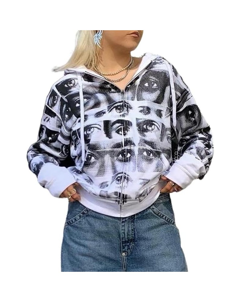 Women Vintage Zip Up Hoodie Rhinestone Graphic Sweatshirt Hoodies Y2k Aesthetic Long Sleeve Jacket with Pockets White Eyes $1...