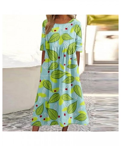 Fall Dresses for Women 2023 Summer Trendy Crewneck Short Sleeve Loose Pleated Floral Dress Long Dresses with Pockets 05-green...