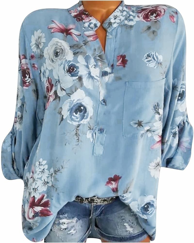 Plus Size Tops for Women 2024 Summer Button Down Boho Shirts Floral Blouse V Neck Short Sleeve Dressy Casual T-Shirts 01-blue...