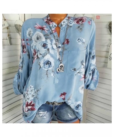 Plus Size Tops for Women 2024 Summer Button Down Boho Shirts Floral Blouse V Neck Short Sleeve Dressy Casual T-Shirts 01-blue...