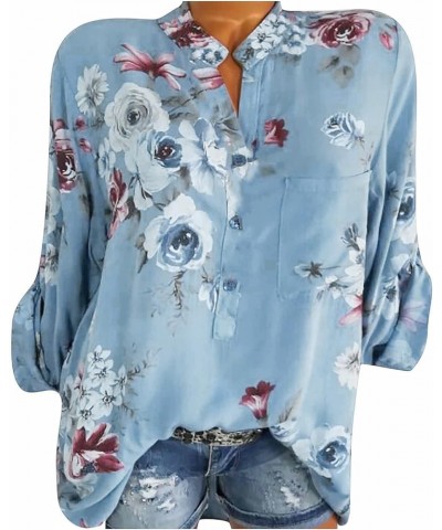 Plus Size Tops for Women 2024 Summer Button Down Boho Shirts Floral Blouse V Neck Short Sleeve Dressy Casual T-Shirts 01-blue...