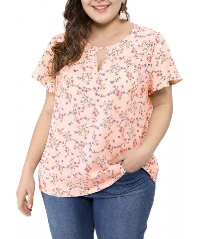 Women's Plus Size Blouses Summer Ruffle Short Sleeve Shirts Keyhole Chiffon Tops Pink $10.50 Blouses