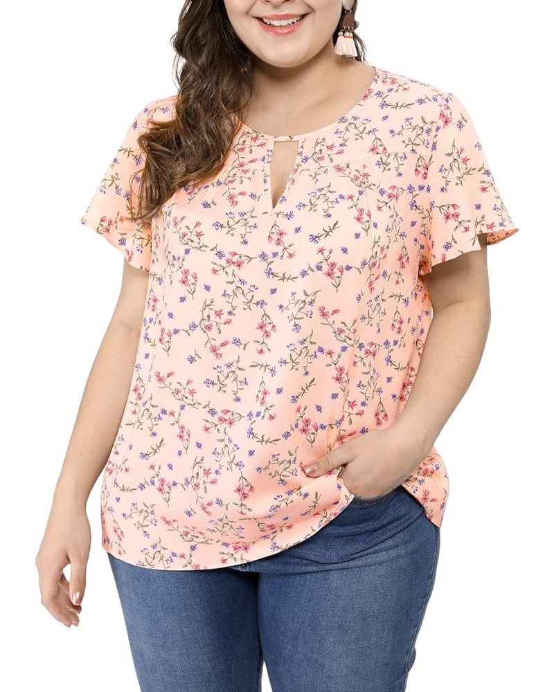 Women's Plus Size Blouses Summer Ruffle Short Sleeve Shirts Keyhole Chiffon Tops Pink $10.50 Blouses