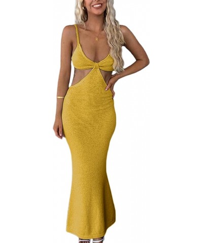 Womens Sexy Knitted Cut Out Spaghetti Strap Long Dresses Halter Neck Backless Maxi Dress Club Party Y2K Streetwear B Yellow $...