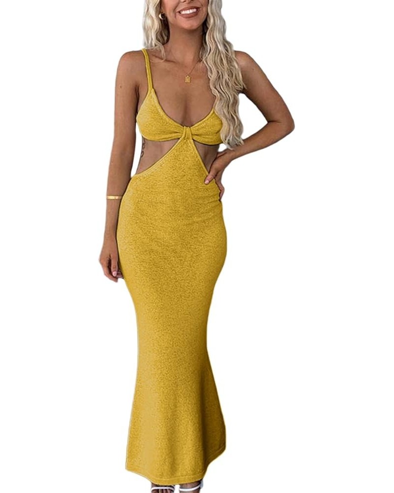 Womens Sexy Knitted Cut Out Spaghetti Strap Long Dresses Halter Neck Backless Maxi Dress Club Party Y2K Streetwear B Yellow $...