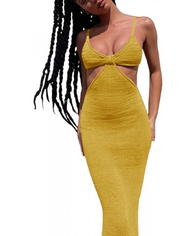 Womens Sexy Knitted Cut Out Spaghetti Strap Long Dresses Halter Neck Backless Maxi Dress Club Party Y2K Streetwear B Yellow $...