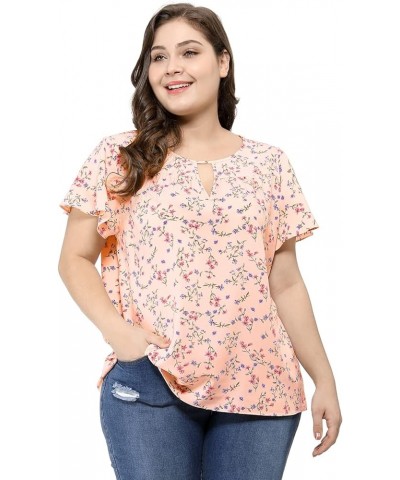 Women's Plus Size Blouses Summer Ruffle Short Sleeve Shirts Keyhole Chiffon Tops Pink $10.50 Blouses