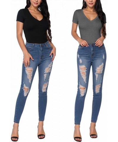 Deep V Neck Short Sleeve Tops Bodysuit for Women Clothing Dark Heather Grey $11.74 Bodysuits