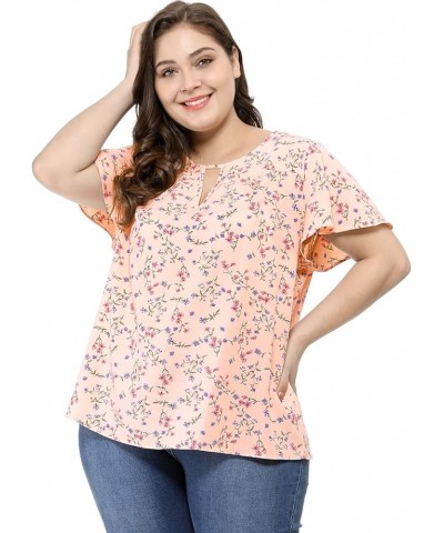 Women's Plus Size Blouses Summer Ruffle Short Sleeve Shirts Keyhole Chiffon Tops Pink $10.50 Blouses