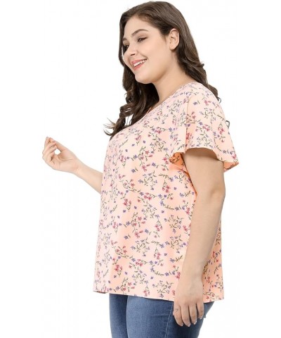 Women's Plus Size Blouses Summer Ruffle Short Sleeve Shirts Keyhole Chiffon Tops Pink $10.50 Blouses