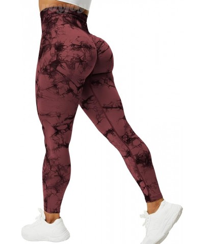 Tie Dye Seamless Leggings for Women High Waist Yoga Pants, Scrunch Butt Lifting Elastic Tights 1 Red Brown $16.42 Activewear