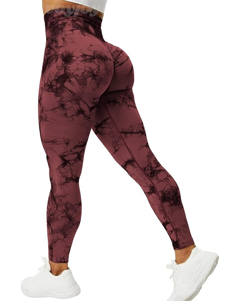 Tie Dye Seamless Leggings for Women High Waist Yoga Pants, Scrunch Butt Lifting Elastic Tights 1 Red Brown $16.42 Activewear