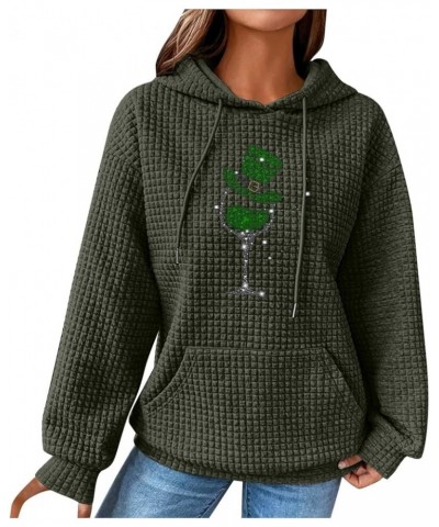 Women's Waffle Hoodie Sweatshirt St. Patrick's Day Long Sleeve Drawstring Pullover Loose Fit Cozy Tops With Pocket 04-army Gr...