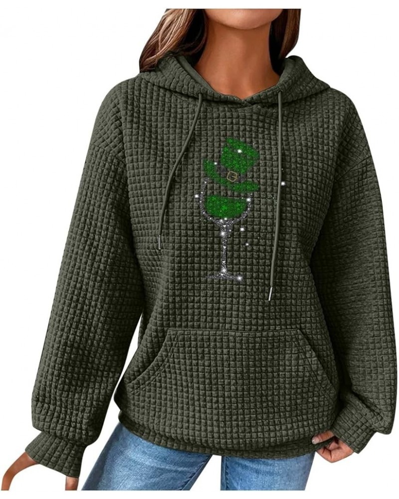 Women's Waffle Hoodie Sweatshirt St. Patrick's Day Long Sleeve Drawstring Pullover Loose Fit Cozy Tops With Pocket 04-army Gr...