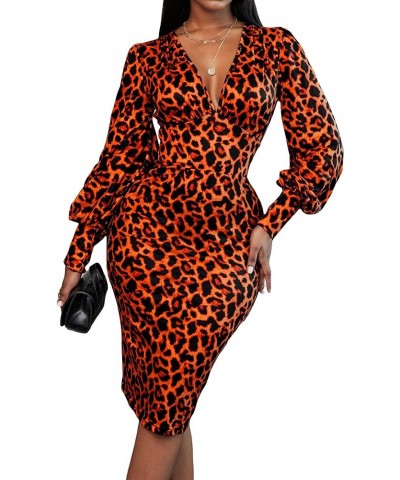 Women's Leopard Print V Neck Lantern Sleeve Bodycon Dress Orange Leopard $23.00 Dresses