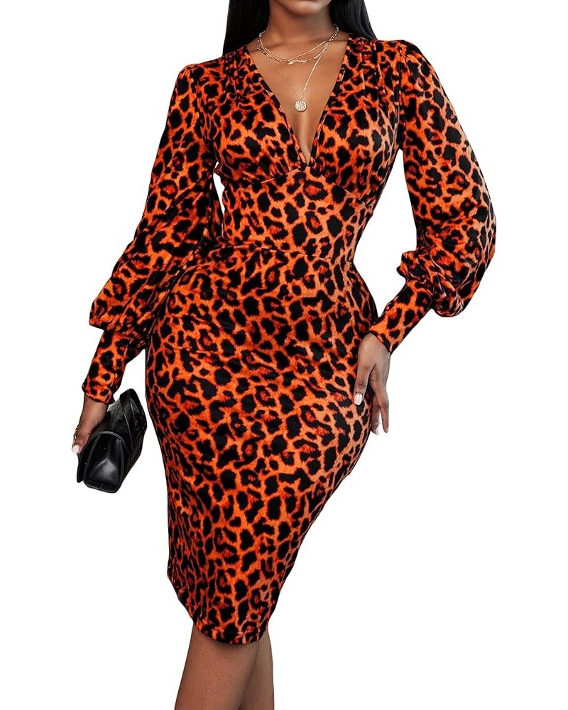 Women's Leopard Print V Neck Lantern Sleeve Bodycon Dress Orange Leopard $23.00 Dresses