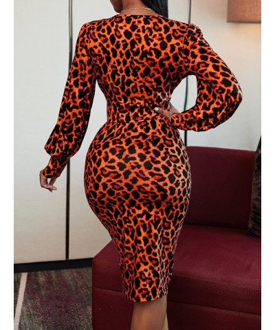 Women's Leopard Print V Neck Lantern Sleeve Bodycon Dress Orange Leopard $23.00 Dresses