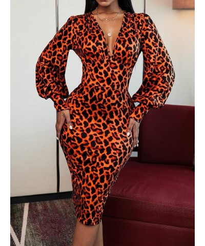 Women's Leopard Print V Neck Lantern Sleeve Bodycon Dress Orange Leopard $23.00 Dresses