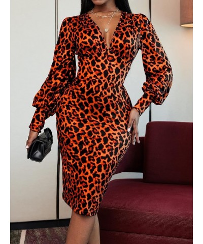 Women's Leopard Print V Neck Lantern Sleeve Bodycon Dress Orange Leopard $23.00 Dresses