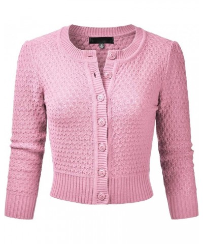 Women's Crewneck Button Down 3/4 Sleeve Cropped Cardigan Sweater (S-3XL) Esw003_lightpink $16.95 Sweaters