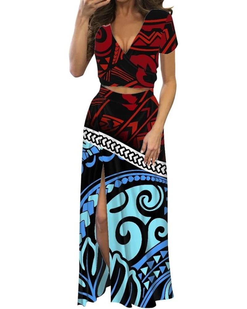 Women Sexy 2 Piece Outfits Polynesian Print V Neck Crop Top High Split Maxi Dresses Skirt Set Blue Red Polynesian Samoa $16.4...