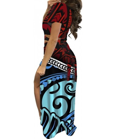 Women Sexy 2 Piece Outfits Polynesian Print V Neck Crop Top High Split Maxi Dresses Skirt Set Blue Red Polynesian Samoa $16.4...