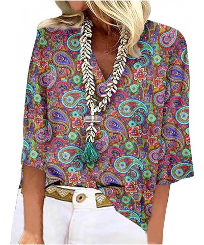 Womens Summer Tops 2023 Floral 3/4 Sleeve V Neck Boho Tops Vintage Print Dressy Casual Blouses 31dark Purple $11.80 T-Shirts