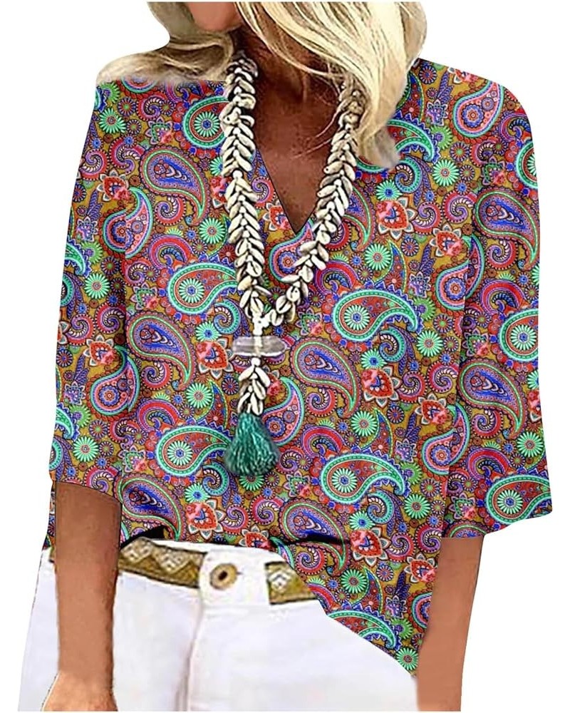 Womens Summer Tops 2023 Floral 3/4 Sleeve V Neck Boho Tops Vintage Print Dressy Casual Blouses 31dark Purple $11.80 T-Shirts