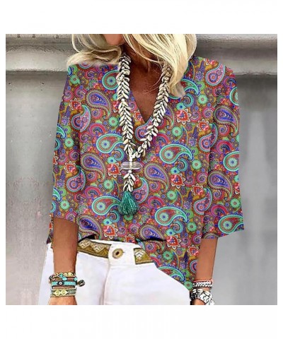 Womens Summer Tops 2023 Floral 3/4 Sleeve V Neck Boho Tops Vintage Print Dressy Casual Blouses 31dark Purple $11.80 T-Shirts